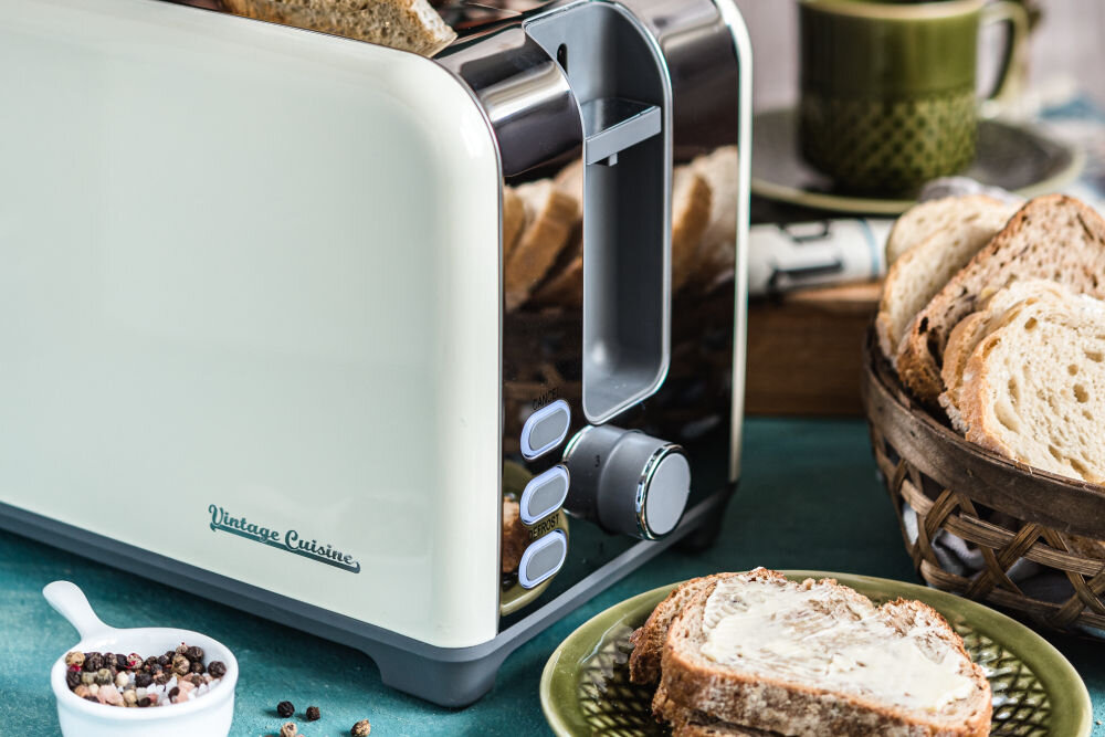 Toster VINTAGE CUISINE Retro Chromowany Miętowy łatwa obsługa bezpieczeństwo użytkowanie automatyczne wyłączenie podświetlane przyciski