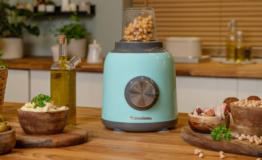 Blender kielichowy VINTAGE CUISINE Retro VC1TBL23SS11CP Srebrny Szklany minirozdrabniacz możliwości smak konsystencja zioła pesto sosy pasty akcesorium