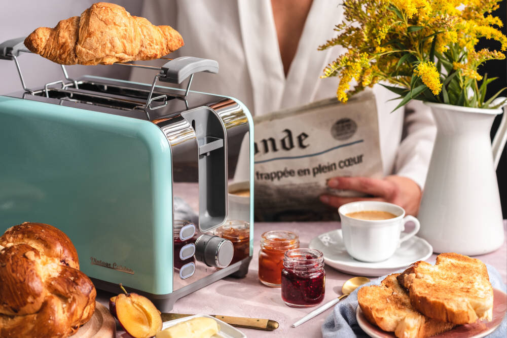 Toster VINTAGE CUISINE Retro Chromowany Srebrny Zdejmowany ruszt podgrzewanie bułki croissanty wypieki