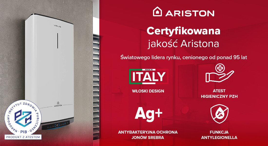Bojler elektryczny ARISTON Velis Dune 100 80 l Certyfikowana jakość Wyprodukowany we Włoszech ponad 95-letniego doświadczenia atest higieniczny PZH zgodność z polskimi normami sanitarnymi technologia Ag+ jonów srebra funkcja antylegionella