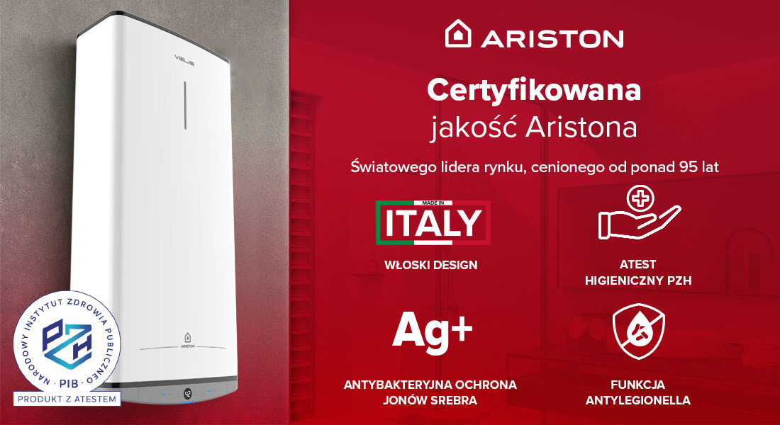 Bojler elektryczny ARISTON Velis Dune 80 65 l Certyfikowana jakość wyprodukowany we Włoszech 95 lat doświadczenia atest higieniczny PZH technologia Ag+ działaniu jonów srebra funkcja antylegionella automatycznie podgrzewa wodę ryzyko rozwoju bakterii Legionella