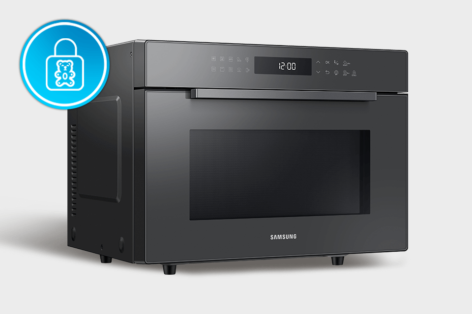 Mikrofalówka i ikonka blokady rodzicielskiej, która zapewnia bezpieczeństwo użytkowania