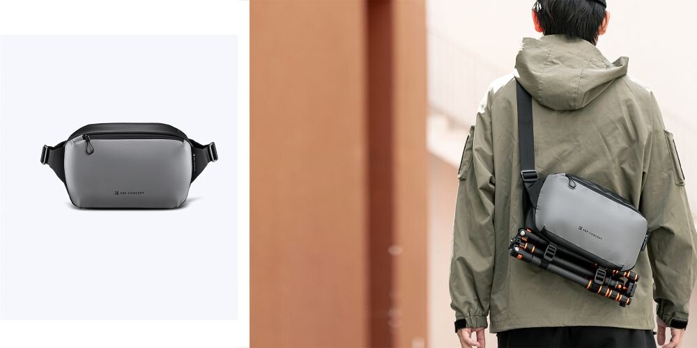 Szara torba K&F CONCEPT Alpha Sling Bag z czarnymi elementami, widoczna z przodu i noszona przez osobę na plecach. Na torbie znajduje się logo K&F CONCEPT.