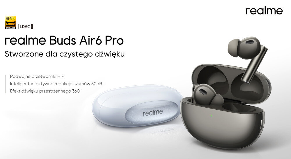 Słuchawki dokanałowe REALME Buds Air 6 Pro ANC Wodoodporne design komfort lekkość dźwięk jakość wrażenia słuchowe ergonomia lekkość sport aktywność podróże czas pracy działanie akumulator