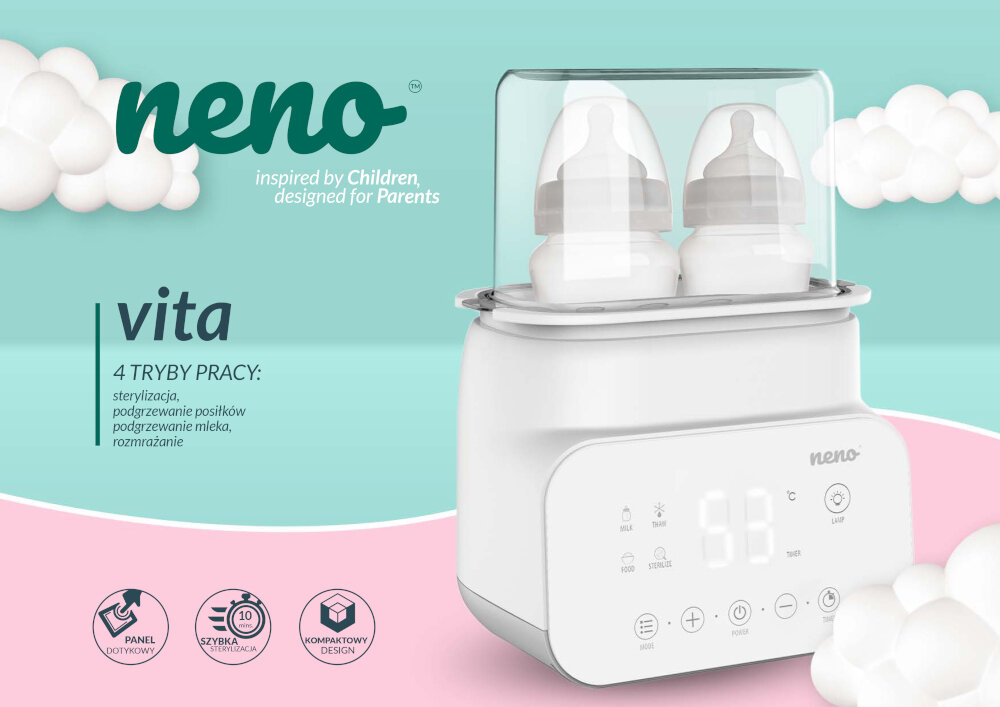Podgrzewacz do butelek NENO ze sterylizatorem Vita 5w1 z dwoma butelkami pod przezroczystą pokrywą. Widoczny tekst: \'neno inspired by Children, designed for Parents\', \'vita\', \'4 TRYBY PRACY: sterylizacja, podgrzewanie posiłków, podgrzewanie mleka, rozmrażanie\'.