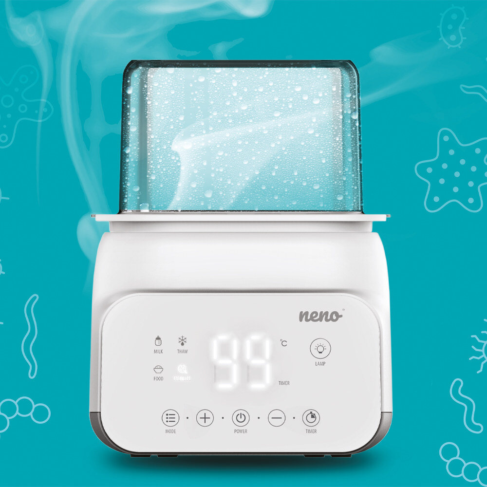 Podgrzewacz do butelek z wyświetlaczem cyfrowym pokazującym temperaturę 59°C, z logo \'neno\' na białym tle. W tle widoczny jest niebieski wzór z motywami morskimi.