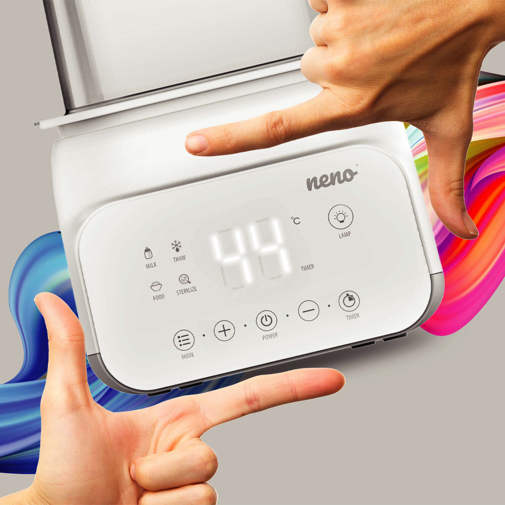 Na obrazie widoczny jest panel sterowania urządzenia z wyświetlaczem pokazującym temperaturę 44°C oraz przyciskami oznaczonymi ikonami i tekstem: \'MILK\', \'THAW\', \'FOOD\', \'STERILIZE\', \'MODE\', \'+\', \'POWER\', \'-\', \'TIMER\'. Logo \'neno\' znajduje się w prawym górnym rogu panelu.