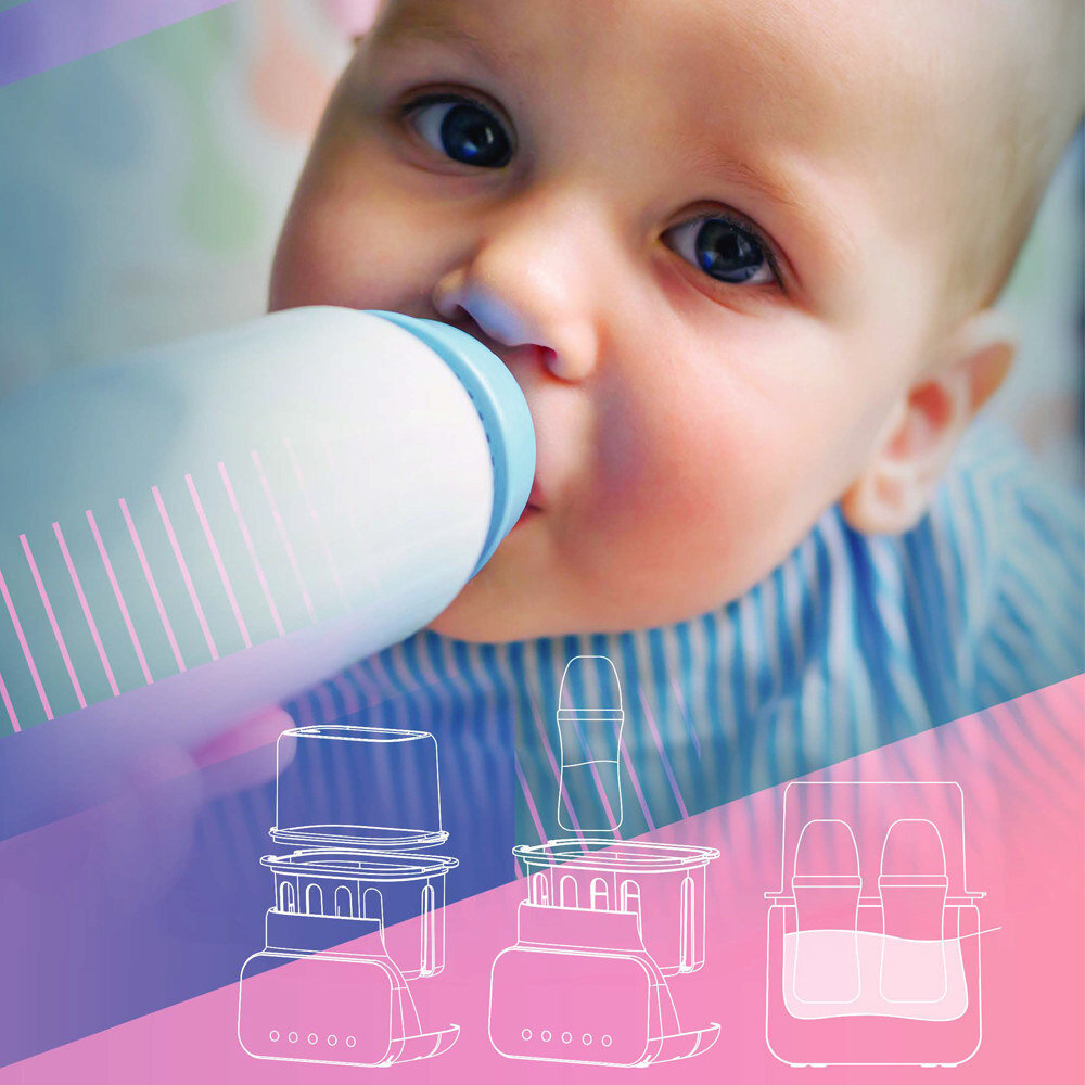 Na obrazie widać dziecko pijące z butelki oraz schematyczne rysunki podgrzewacza do butelek z różnymi elementami. Tło jest kolorowe, z dominacją różu i niebieskiego.