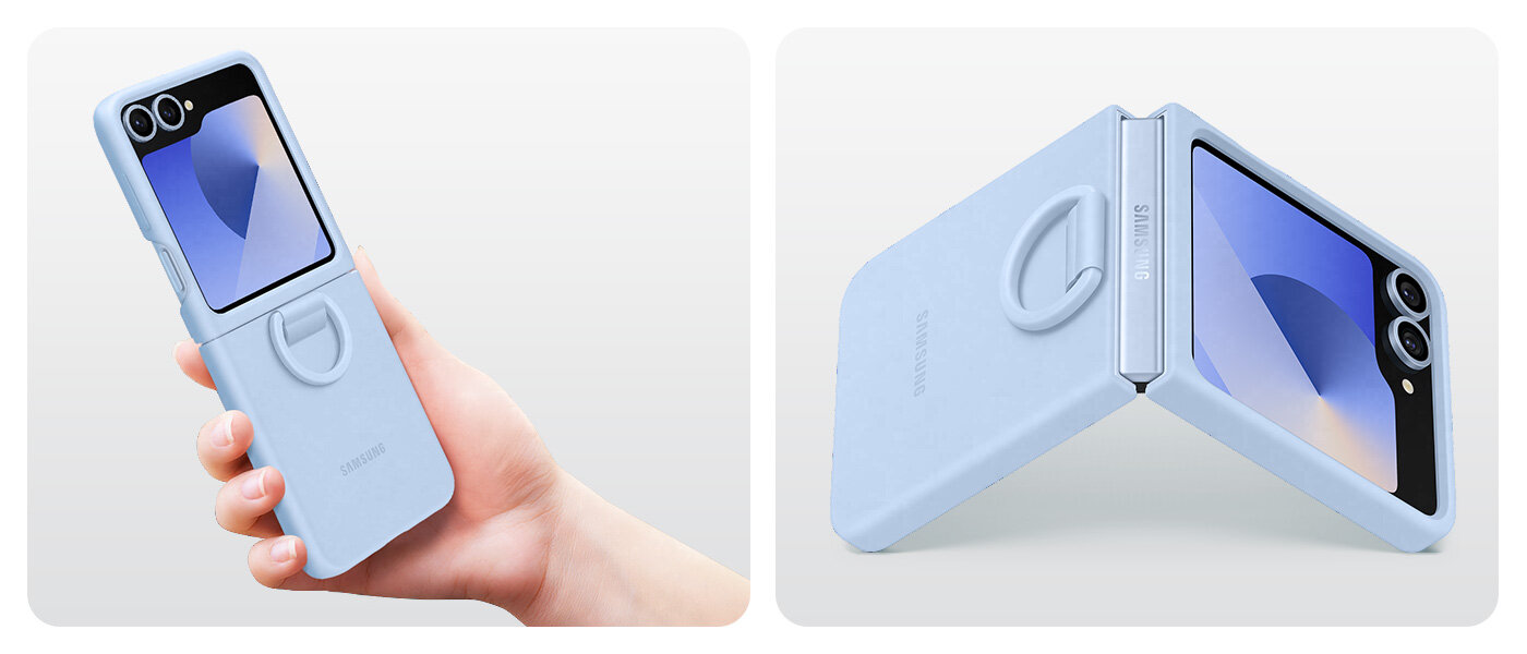 Miękka i gładka tekstura etui Silicone Case Galaxy Z Flip6 pokazana w dwóch częściach. Jedna przedstawia Galaxy Z Flip6 w pozycji całkowicie otwartej z niebieskim etui Silicone Case na czyjejś dłoni. Druga to ujęcie telefonu i etui w tym samym kolorze pod kątem 45 stopni, ale złożone do połowy i podparte jak namiot z wbudowanym pierścieniem widocznym w pobliżu zawiasu. Miękka i gładka tekstura etui Silicone Case Galaxy Z Flip6 pokazana w dwóch częściach. Jedna przedstawia Galaxy Z Flip6 w pozycji całkowicie otwartej z niebieskim etui Silicone Case na czyjejś dłoni. Druga to ujęcie telefonu i etui w tym samym kolorze pod kątem 45 stopni, ale złożone do połowy i podparte jak namiot z wbudowanym pierścieniem widocznym w pobliżu zawiasu.