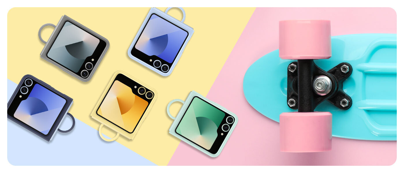 Kobieta nosi telefon w etui Silicone Case w kolorze miętowym. Wbudowany pierścień w etui jest wsunięty przez jej palec wskazujący, podczas gdy resztę dłoni trzyma na górnej części deskorolki, która jest podparta pionowo. Na następnym: etui Silicone Case w kolorze żółtym z wbudowanym pierścieniem wsuwanym przez palec serdeczny. Jednocześnie trzyma deskorolkę w dłoni.  Kobieta nosi telefon w etui Silicone Case w kolorze miętowym. Wbudowany pierścień w etui jest wsunięty przez jej palec wskazujący, podczas gdy resztę dłoni trzyma na górnej części deskorolki, która jest podparta pionowo. Na następnym: etui Silicone Case w kolorze żółtym z wbudowanym pierścieniem wsuwanym przez palec serdeczny. Jednocześnie trzyma deskorolkę w dłoni.