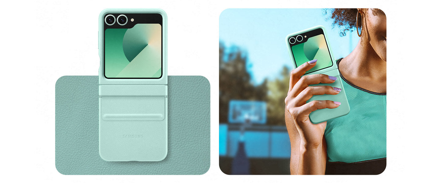 Miętowy Galaxy Z Flip6 w etui Kindsuit Case. Telefon jest umieszczony na próbce kolorystycznej. Obok znajduje się kobieta w miętowym stroju sportowym trzymająca telefon.  Miętowy Galaxy Z Flip6 w etui Kindsuit Case. Telefon jest umieszczony na próbce kolorystycznej. Obok znajduje się kobieta w miętowym stroju sportowym trzymająca telefon.