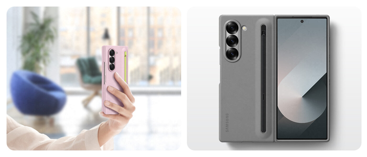 Lewe zdjęcie przedstawia dłoń wygodnie trzymającą złożony Galaxy Z Fold6 w różowym etui S Pen Case na tle dobrze oświetlonego luksusowego domu. Prawe to ujęcie z góry Galaxy Z Fold6 w szarym etui S Pen Case, w pełni rozłożonego, prezentujące doskonałe dopasowanie etui do telefonu. Lewe zdjęcie przedstawia dłoń wygodnie trzymającą złożony Galaxy Z Fold6 w różowym etui S Pen Case na tle dobrze oświetlonego luksusowego domu. Prawe to ujęcie z góry Galaxy Z Fold6 w szarym etui S Pen Case, w pełni rozłożonego, prezentujące doskonałe dopasowanie etui do telefonu.