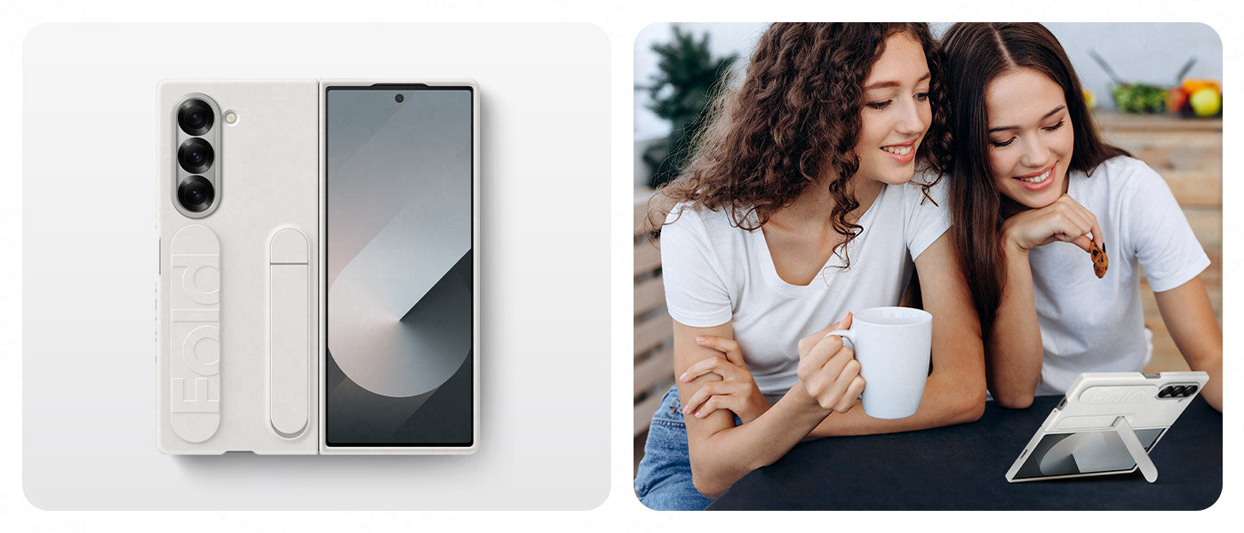 Lewe zdjęcie to górne ujęcie Galaxy Z Fold6 w białym Silicone Case. Prawe to ujęcie tego samego telefonu i etui umieszczonych na stole za pomocą uniwersalnego uchwytu i podstawki, podczas gdy dwie osoby cieszą się oglądaniem czegoś na jego ekranie Lewe zdjęcie to górne ujęcie Galaxy Z Fold6 w białym Silicone Case. Prawe to ujęcie tego samego telefonu i etui umieszczonych na stole za pomocą uniwersalnego uchwytu i podstawki, podczas gdy dwie osoby cieszą się oglądaniem czegoś na jego ekranie