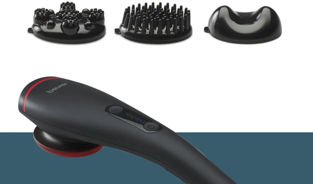 Masażer BEURER MG 24 trzy nasadki masujące dostosowanie masażu dopasowanie intensywności i rodzaju masażu dwa programy masażu dwa poziomy intensywności łagodny relaks intensywne rozluźnienie mięśni pełna elastyczność