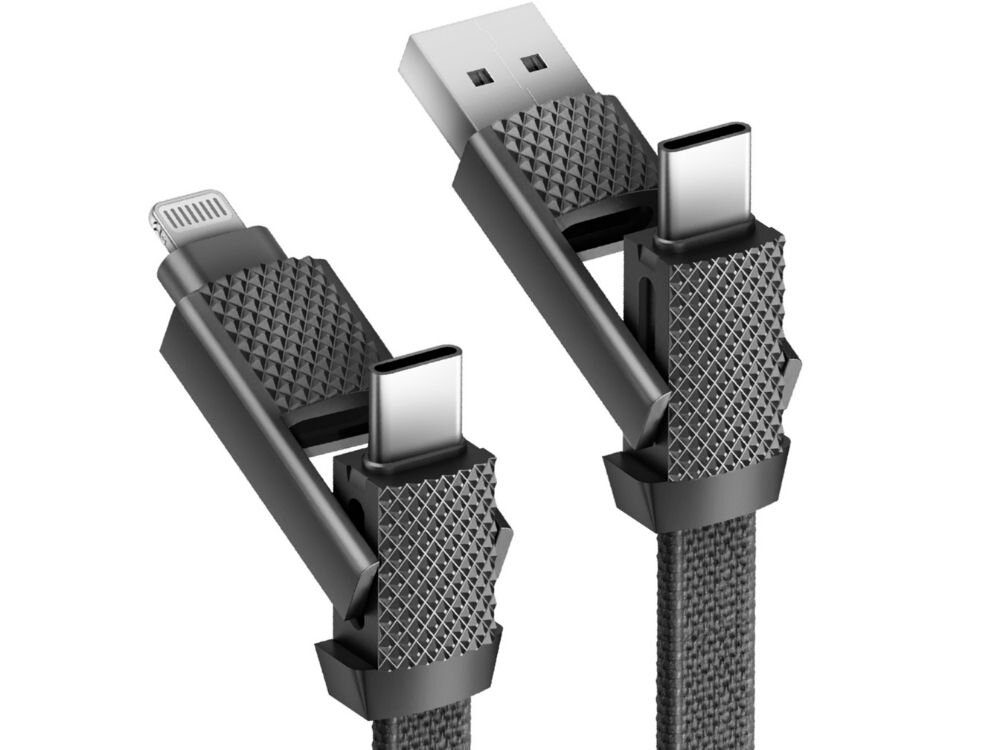 Kabel USB-A/USB-C - USB-C/Lightning ENERGEA Bazic GoCharge Alucable 60W 0.15m Czarny kabel na białym tle wymienne końcówki złącza usb-a usb-c lightning ładowanie smartfonów słuchawek