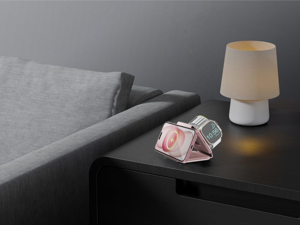 Ładowarka indukcyjna ENERGEA Bazic GoMag Trio Plus 15W Różowy MagSafe
                ładowarka na szafce nocnej