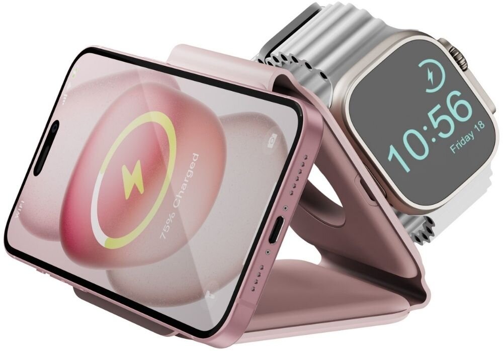 Ładowarka indukcyjna ENERGEA Bazic GoMag Trio Plus 15W Różowy MagSafe
                ładowarka na białym tle iphone apple watch airpods konstrukcja 3w1