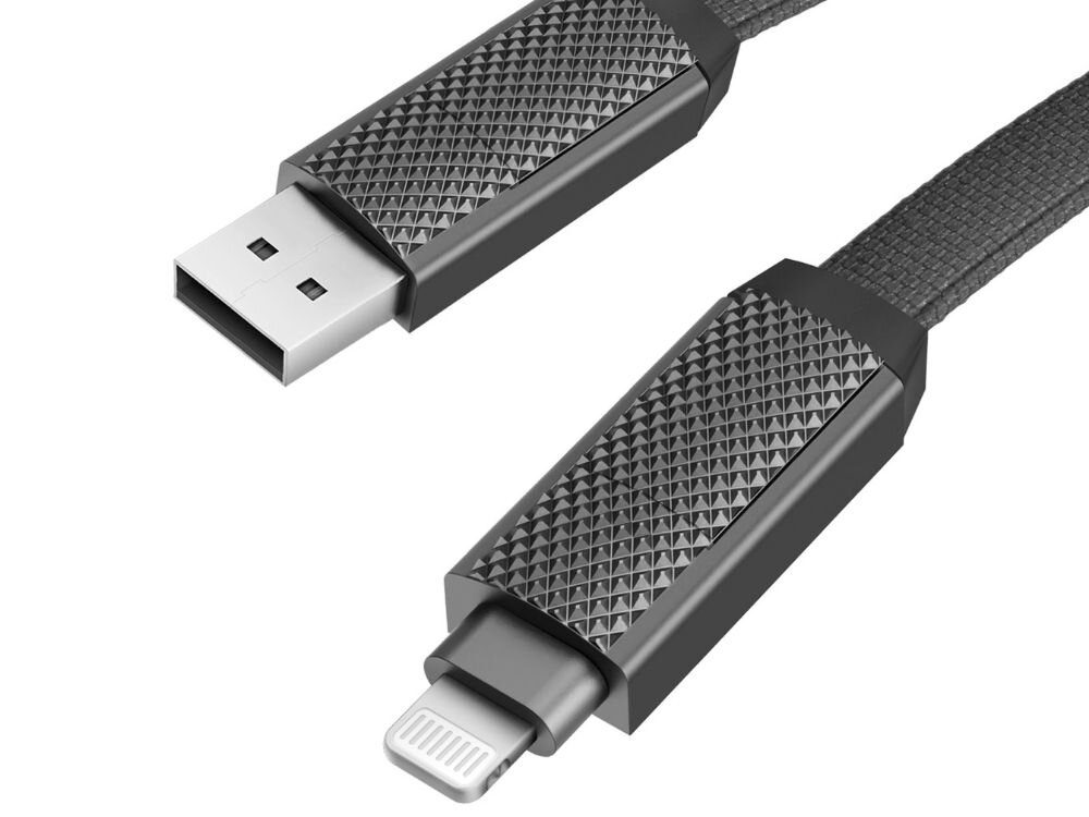 Kabel USB-A/USB-C - USB-C/Lightning ENERGEA Bazic GoCharge Alucable 60W 1m Czarny kabel na białym tle