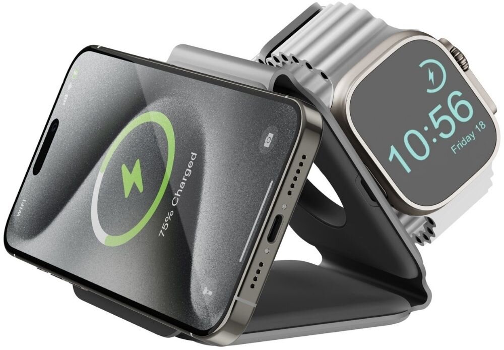 Ładowarka indukcyjna ENERGEA Bazic GoMag Trio Plus 15W Szary MagSafe
                ładowarka na białym tle iphone apple watch airpods konstrukcja 3w1