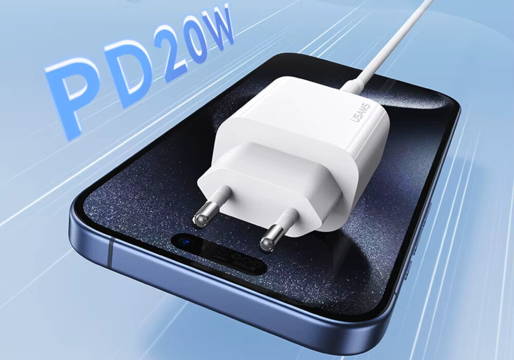 Ładowarka sieciowa USAMS T65 OYXLTZ02 20W Biały + Kabel UBS-C - Lightning ladowarka z moca 20 W, tlo niebieskie, podlaczony smartfon, szybkosc i niezawodnosc