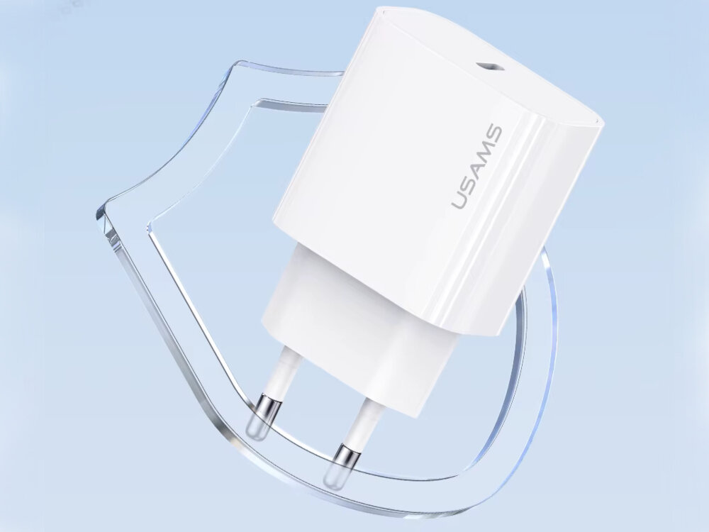 Ładowarka sieciowa USAMS T65 OYXLTZ02 20W Biały + Kabel UBS-C - Lightning ladowarka z certyfikatem bezpieczenstwa, szybkie ladowanie, sprzet, moc