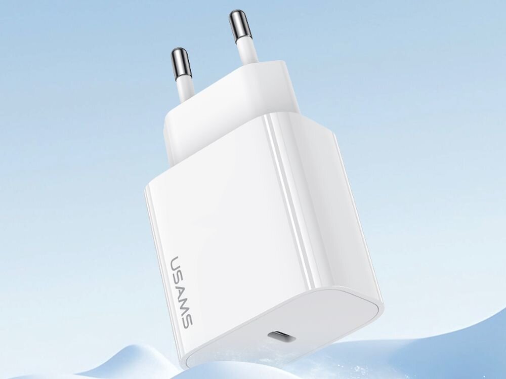 Ładowarka sieciowa USAMS T65 OYXLTZ01 20W Biały + kabel USB-C - USB-C szybkie ladowanie, moc, ladowarka na niebieskim tle