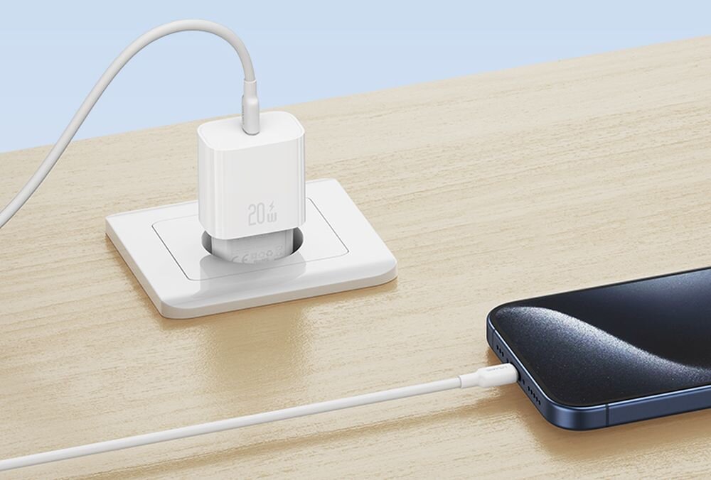 Ładowarka sieciowa USAMS T65 OYXLTZ01 20W Biały + kabel USB-C - USB-C ladowarka z kablem na biurku, automatyczna zmiana trybu, konstrukcja ognioodpornosc pc abc