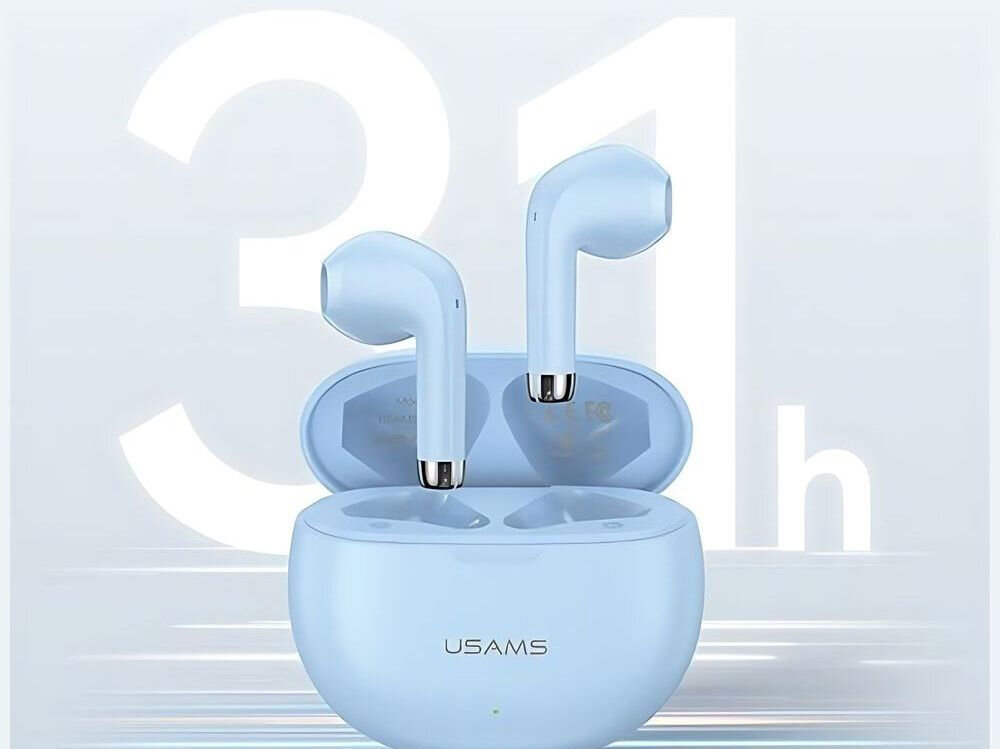 Słuchawki douszne USAMS Rhymbo Series Fioletowy czas pracy czas działania etui na tle niebieskie słuchawki wyciągnięte z etui jasne tło za słuchawkami liczba 31 do 7 godzin ciągłego odtwarzania Etui ładujące o pojemności 400 mAh doładowanie około 3–4 razy nawet do 31 godzin czas ładowania 1,5 godziny