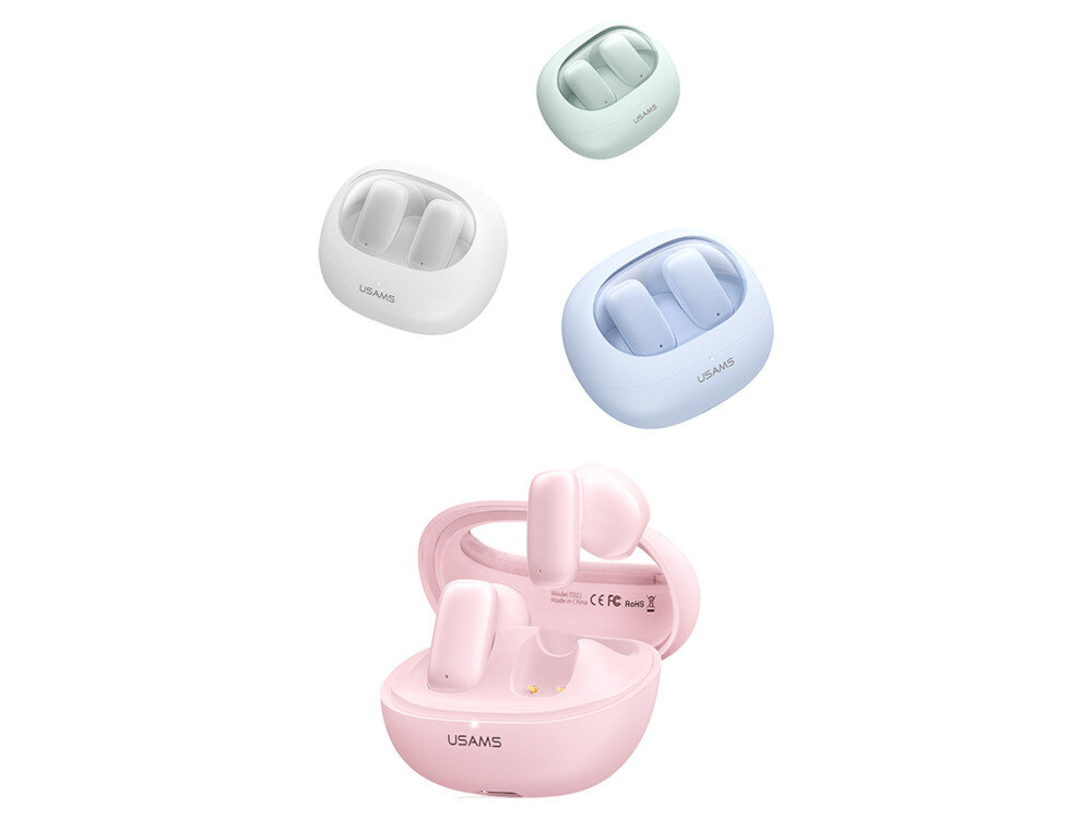 Słuchawki douszne USAMS TD22 Biały białe tło różne etui zielone niebieskie białe różowe słuchawki wyciągane z etui automatyczne parowanie i łączenie gotowe do działania od razu po wyjęciu z etui założenie cieszenie się muzyką maksymalna wygoda prostota użytkowania 
