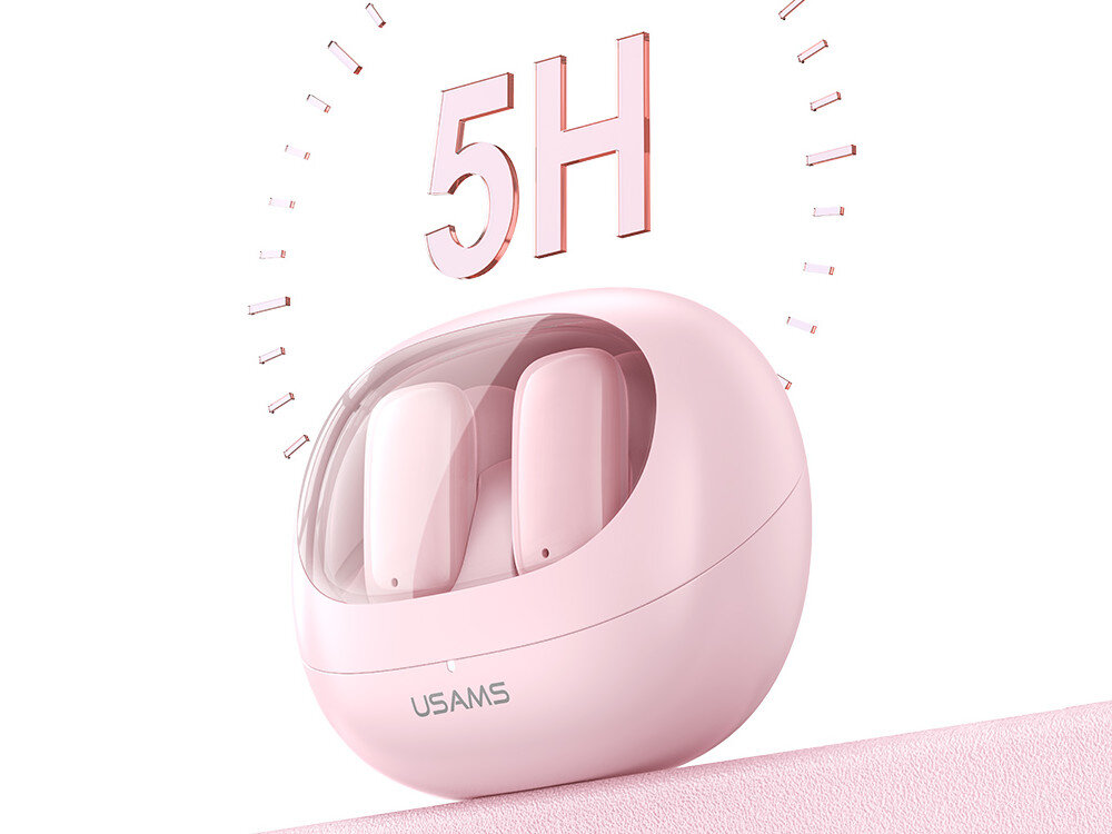 Słuchawki douszne USAMS TD22 Biały różowe etui wewnątrz słuchawki jasne tło do 5 godzin odtwarzania dodatkowe cykle z etui ładowanie około 1,5 godziny do pracy podróży relaksu komfort świetna jakość dźwięku zawsze pod ręką