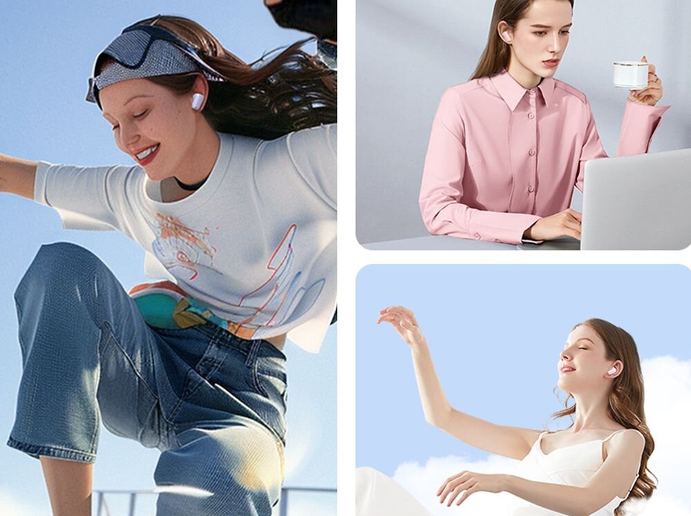 Słuchawki douszne USAMS TD22 Biały kobieta w biurze na łonie natury uprawiająca sport każda kobieta ma słuchawki w uszach Stylowy design Estetyczne wykonanie urządzenie audio modny dodatek funkcjonalność elegancka forma  