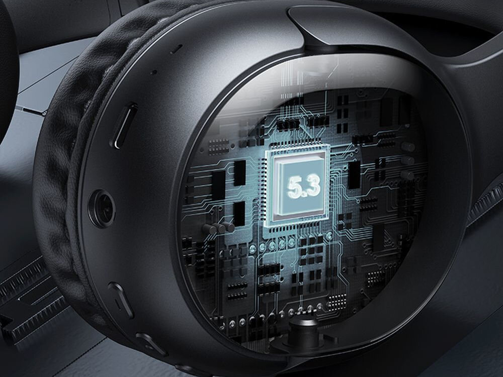Słuchawki nauszne USAMS Yun Series Czarny obudowa w kolorze czarnym zbliżenie na środek słuchawek technologia Bluetooth 5.3 płynne zsynchronizowane przesyłanie dźwięku do oglądania filmów grania prowadzenia rozmów wideo powyżej 10 metrów z dala od urządzenia wysoka jakość dźwięku