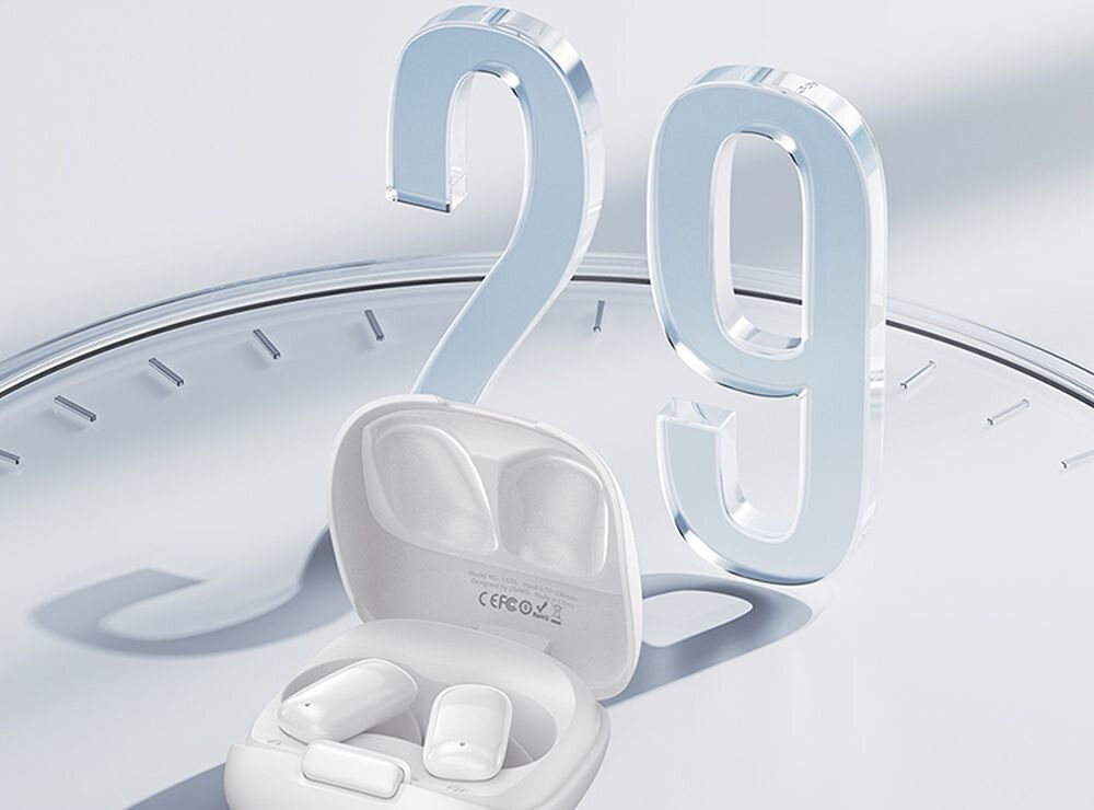 Słuchawki douszne USAMS ID25 Różowy jasne tło białe słuchawki w etui liczba 29 do 5 godzin pracy jedno ładowanie około 1,5 godziny etui o pojemności 230 mAh wielokrotne doładowanie kilka dni użytkowania dla osób w ruchu