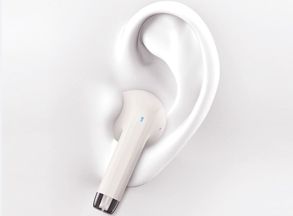 Słuchawki douszne USAMS Rhymbo Series Niebieski komfort waga, wygoda, słuchawka w uchu białe tło włożona beżowa słuchawka do ucha Pojedyncza słuchawka waży jedynie 3,8 grama lekka i komfortowa optymalne dopasowanie do ucha Drobno wypolerowana powierzchnia lekka konstrukcja w pracy podróży i codziennym użytkowaniu