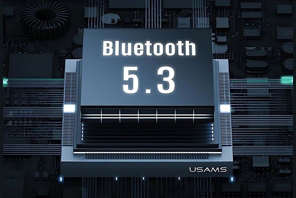 Słuchawki douszne USAMS Rhymbo Series Niebieski bluetooth zasięg jakość dźwięk biuro czarne tło napisy Bluetooth 5.3 zasięg do 12 metrów po domu lub biurze wygoda płynne połączenie bez przerw