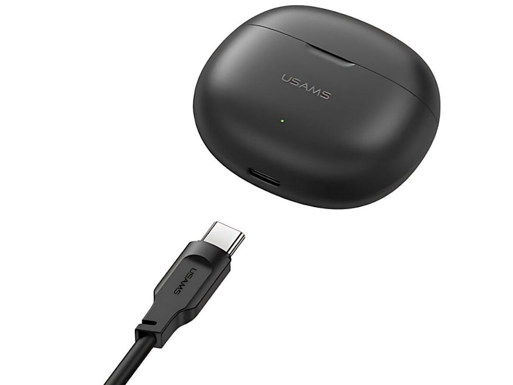 Słuchawki douszne USAMS Rhymbo Series Niebieski android ios, kompatybilność zastosowanie białe tło czarne etui przedstawione ładowanie kabel wkładany do otworu w etui słuchawki etui ładujące kabel USB-A/USB-C zaczęcie korzystania z urządzenia kompatybilne z systemem Android, jak i iOS uniwersalność wygoda funkcjonalność wysoka jakość dźwięku