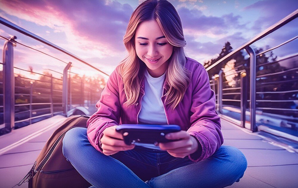 Dysk CRUCIAL P310 Osoba siedząca na zewnątrz w pozycji po turecku, ubrana w różową kurtkę i trzymająca w dłoniach konsolę przenośną, z zachmurzonym niebem i mostem w tle, efektywność, pobór energii