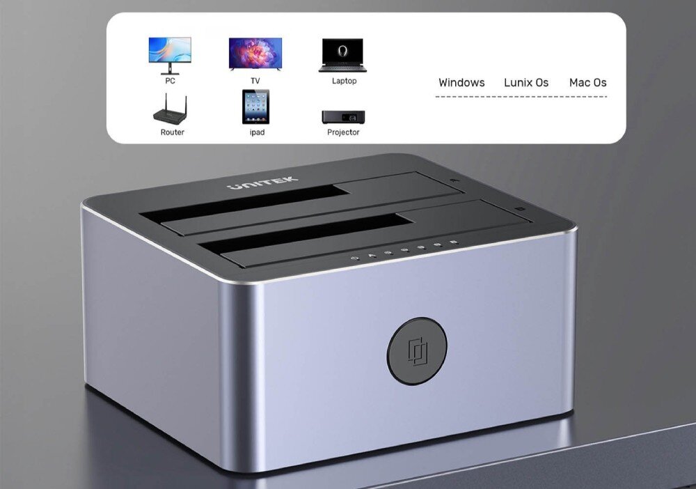 Stacja dokująca UNITEK Y-3027GY01-EU Widok urządzenia z ikonami reprezentującymi kompatybilne sprzęty takie jak komputer, telewizor czy router oraz systemy operacyjne
