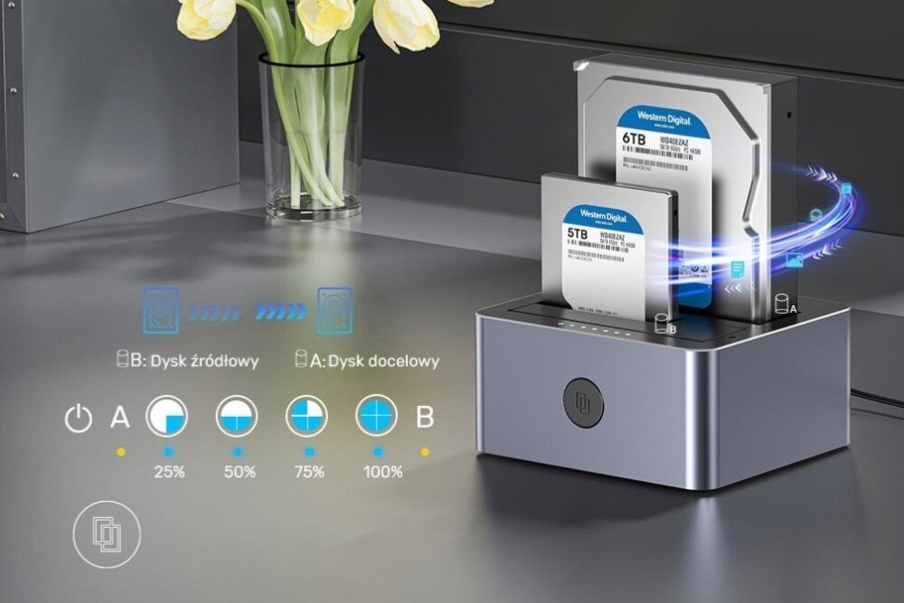 Stacja dokująca UNITEK Y-3027GY01-EU Grafika przedstawiająca proces klonowania danych z dysku źródłowego na docelowy wraz ze wskaźnikami postępu LED