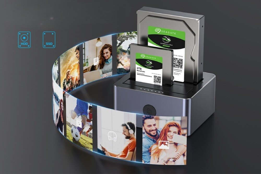 Stacja dokująca UNITEK Y-3027GY01-EU Stacja dokująca z zamontowanymi dwoma dyskami twardymi, otoczona łukiem ze zdjęciami symbolizującym archiwizację multimediów