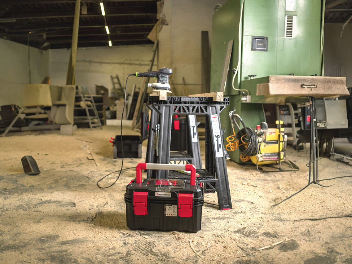 Stojak-kobyłka warsztatowa KISTENBERG  TECH STAND KTS8060, mobilność, wygoda, trwałość, ergonomia, Kozły warsztatowe z szlifierką i skrzynką narzędzi