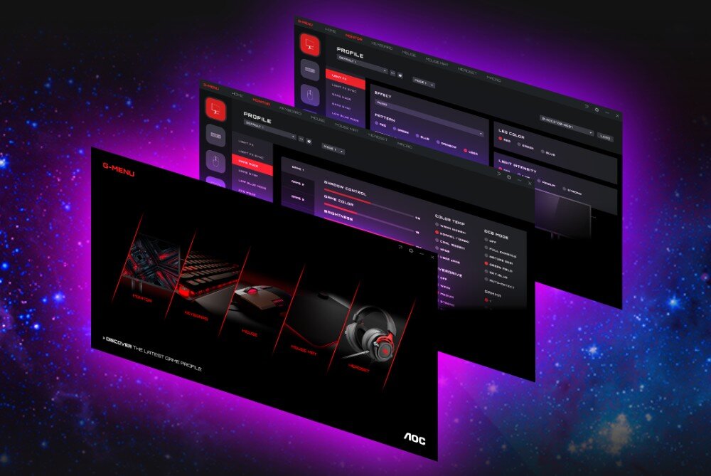 Monitor AOC Agon Pro AG246FK Trzy ekrany interfejsu oprogramowania G-Menu pokazujące różne opcje ustawień monitora, akcesoriów i efektów świetlnych, aplikacja, narzędzia, funkcje