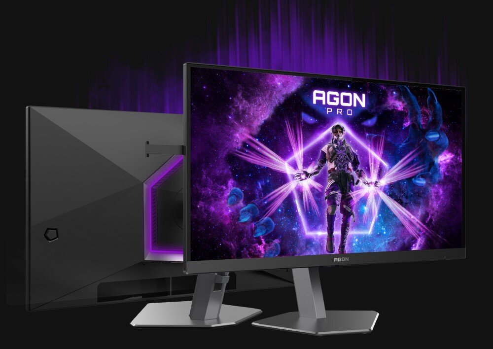 Monitor AOC Agon Pro AG246FK Widok monitora z przodu i z tyłu, z wyświetloną fioletową grafiką na ekranie i podświetleniem z tyłu obudowy, podstawa, regulacja, ergonomia