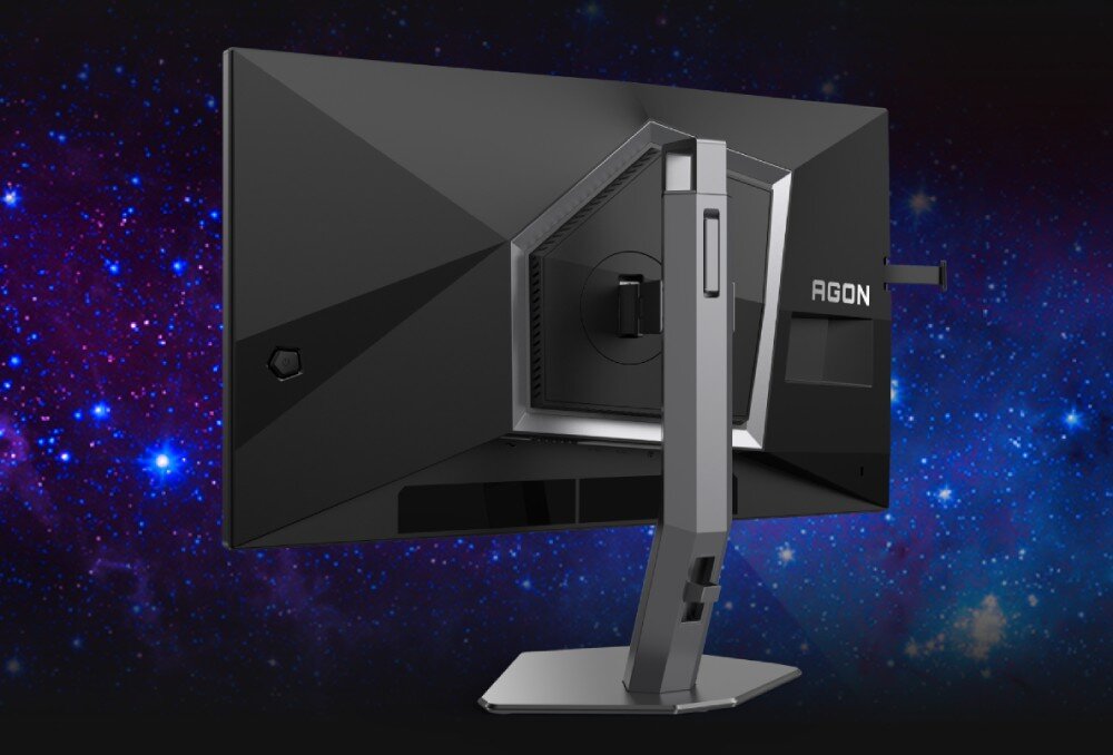 Monitor AOC Agon Pro AG246FK Tył monitora z geometryczną obudową i widocznym uchwytem montażowym oraz pionowym ramieniem podstawy, menu OSD, funkcje, ustawienia