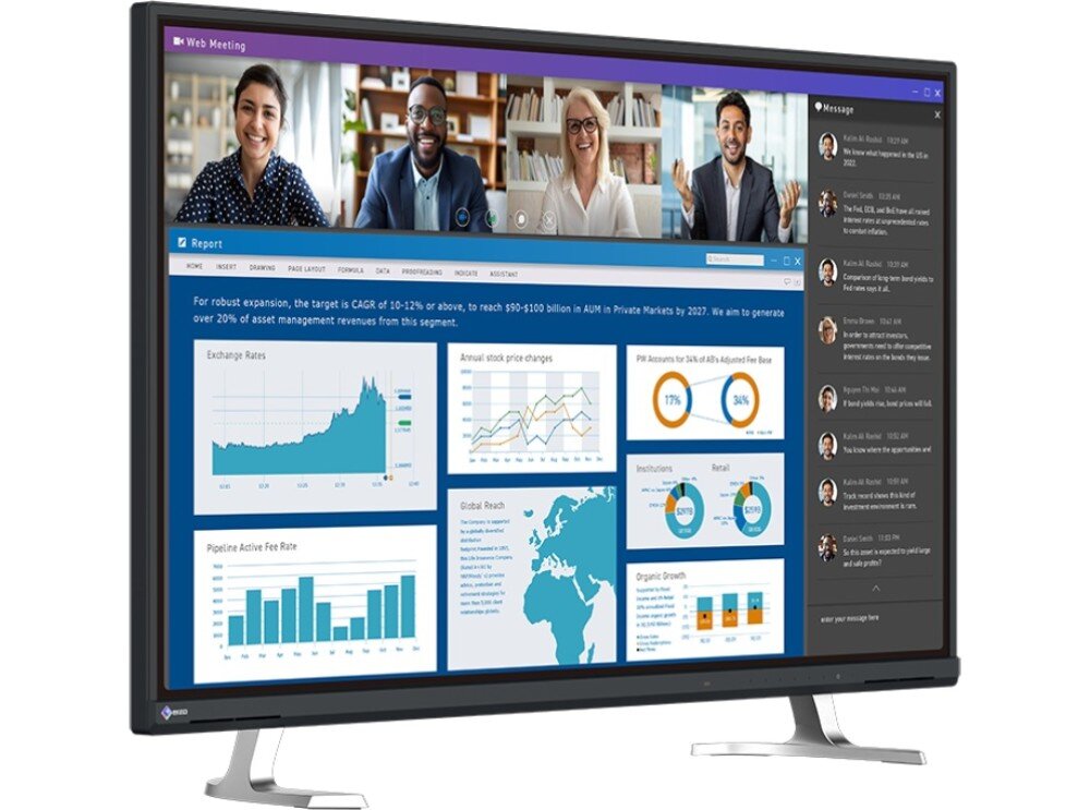 Monitor EIZO FlexScan EV4340X-BK Zdjęcie monitora wyświetlającego ekran podzielony na trzy części: wideokonferencję z czterema osobami, panel z wykresami finansowymi oraz czat tekstowy po prawej stronie, opis
