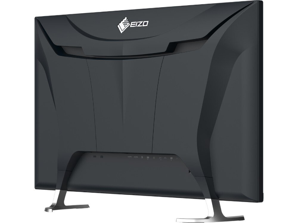 Monitor EIZO FlexScan EV4340X-BK Tylny widok dużego, czarnego monitora z charakterystycznym przetłoczeniem na obudowie i logo producenta na górze. Monitor oparty na dwóch metalowych nóżkach, pilot, zdalne sterowanie