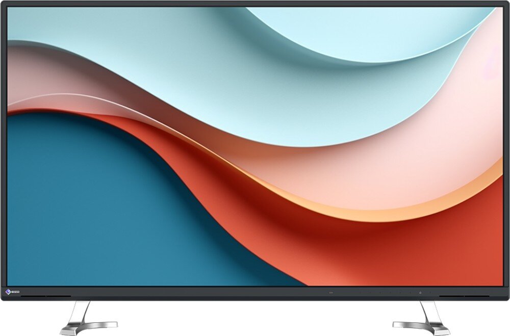 Monitor EIZO FlexScan EV4340X-BK Zdjęcie monitora z kolorową grafiką o płynnych, falistych kształtach w odcieniach niebieskiego, czerwonego i beżu. Ramka monitora w kolorze czarnym, czas reakcji, płynność, ochrona wzroku, niebieskie światło, migotanie