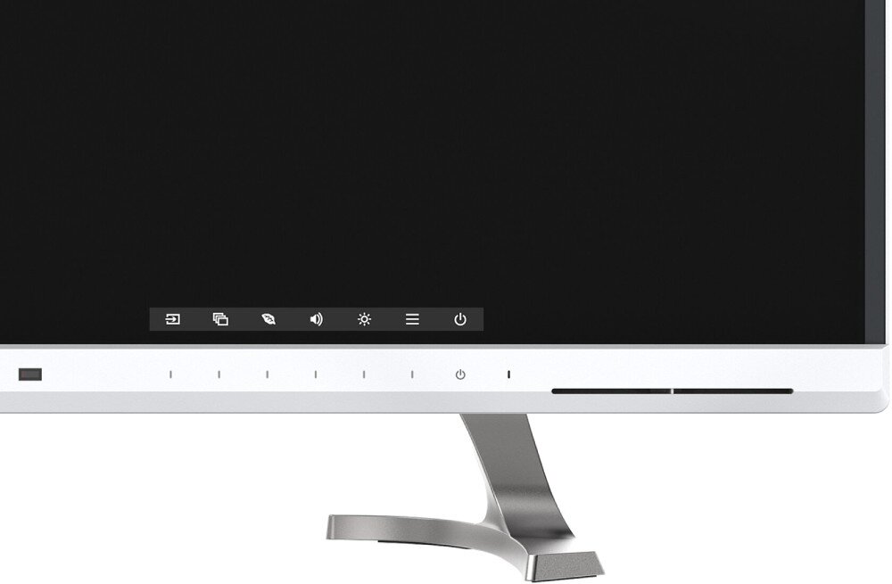 Monitor EIZO FlexScan EV4340X-WT Zbliżenie na dolną część monitora z podświetlonymi przyciskami dotykowymi i ikonami funkcyjnymi. Monitor oparty na metalowej podstawie, panel dotykowy, ramka