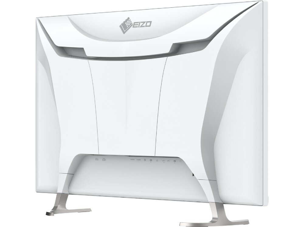 Monitor EIZO FlexScan EV4340X-WT Tylny widok dużego, białego monitora z charakterystycznym przetłoczeniem na obudowie i logo producenta na górze. Monitor oparty na dwóch metalowych nóżkach, pilot, zdalne sterowanie