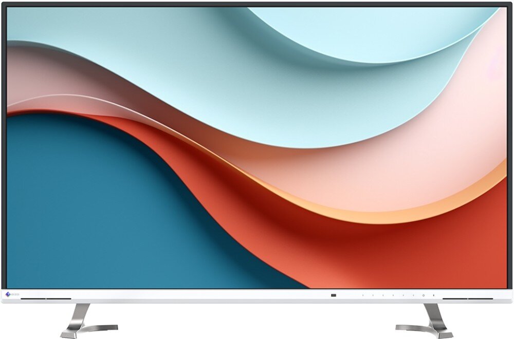 Monitor EIZO FlexScan EV4340X-WT Zdjęcie monitora z kolorową grafiką o płynnych, falistych kształtach w odcieniach niebieskiego, czerwonego i beżu. Ramka monitora w kolorze białym, czas reakcji, płynność, ochrona wzroku, niebieskie światło, migotanie